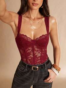 Body de encaje negro sexy, body de manga larga ajustado y transparente con parches de encaje, tirantes de espagueti, versátil para uso diario, citas y salir - Burdeos - Ver 6