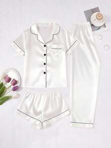 Conjunto de pijama de 3 piezas para mujer con cuello de seda falsa de unicolor y ribete contrastante - Blanco - Ver 1