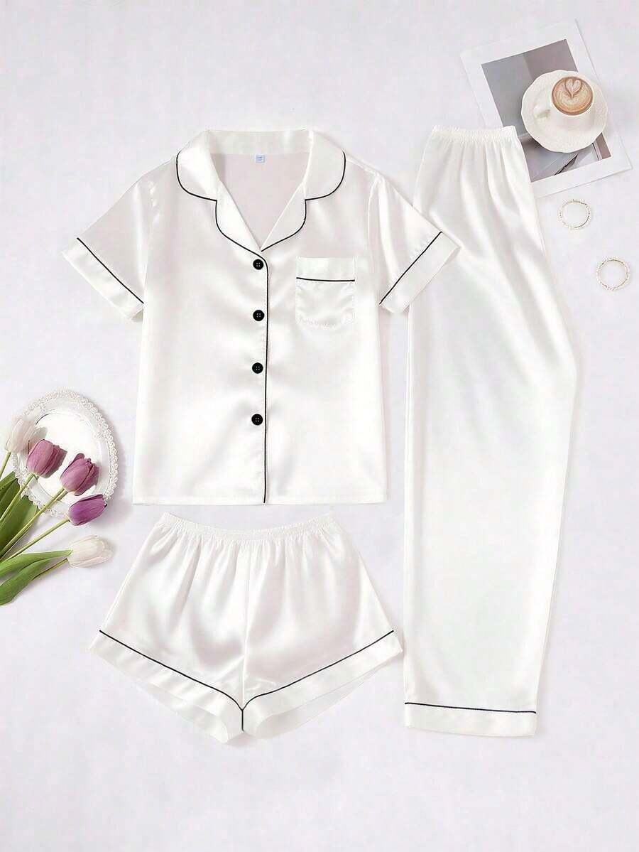 Conjunto de pijama de 3 piezas para mujer con cuello de seda falsa de unicolor y ribete contrastante - Blanco - Ver 1