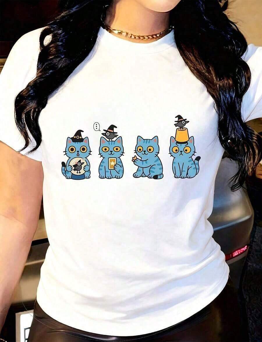 Camiseta de Gatos Azules Divertidos para Mujer, Estilo Casual Holgado, Manga Corta, Ideal para Uso Diario y Regalos - Blanco - Ver 1