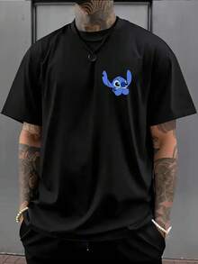 Men'S Short-Sleeve Shirt Featuring A Disney Collaboration With 'Lilo & Stitch' Print. This High-Quality, Soft, And Comfortable Casual Sports T-Shirt Has A Round Neck And Is Designed For Unique Layering. Perfect For Couples' Dates, Gatherings - màu đen - Xem 2