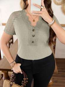 Lacomfia Camiseta de punto con parches de encaje para mujer talla grande, primavera/verano - Gris Claro - Ver 11