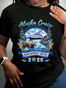 Women's Cotton T-Shirts Alaska Cruise Making Memories Together 2026, T-Shirt For Women And Men, Family Vacation Souvenir, Gift, Summer Travel Shirt With Bear And Boat Design, Women's Basic Blouses. - 黑色 - 查看 2