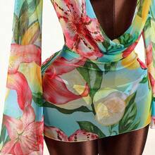 3pcs Women's Floral Cover-Up Swimsuit Set, Sexy Backless Deep Draped Neck Design, Suitable For Holiday Wear Beach Vacation Outfits For Women - Multicolor - Ver 7