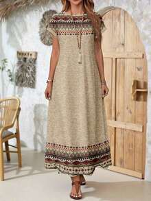 YHHEMERY ROSE Vestido largo de mujer estilo bohemio con estampado, cuello redondo, manga corta tipo murciélago, bajo acampanado, informal y multicolorYHH - Multicolor 3 - Ver 4