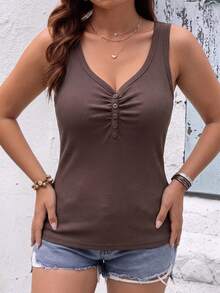 Pure Cotton Tank Top With Ribbed Design In The Middle, Knitted Fabric With Buttons. - Rust Brown - View 2