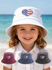 Chapéu infantil tipo bucket com bordado de coração e bandeira americana, respirável e ideal para meninos e meninas no 4 de julho e no verão. - 1PC - Ver 1