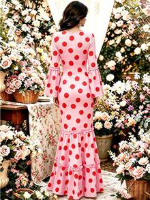 2026 Neues Polka Dot Meerjungfrau Kleid/Vintage elegantes Kleid/Formelles Anlasskleid langes Kleid mit langen Ärmeln/Trompetenärmeln, rundem Ausschnitt, mehrlagigem Rüschensaum, schmaler Passform, Hochzeitsgastkleid, Date-Abendkleid - Pink - Übersicht 7