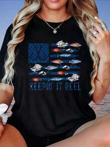 Camiseta GraphicFishing Flag con diseño de bandera estadounidense, peces y señuelos para mujer, ropa de pesca al aire libre, camiseta para mujer. - Negro - Ver 4