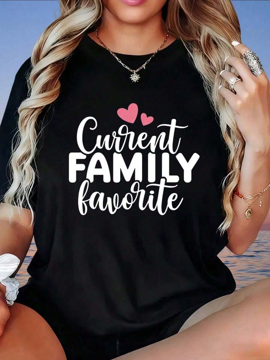 GraphicCurrent - Camiseta Casual de Mujer con Estampado de Corazón Favorito de la Familia, Top Holgado de Verano para Mamá, Regalo, Camiseta de Mujer - Negro - Ver 1