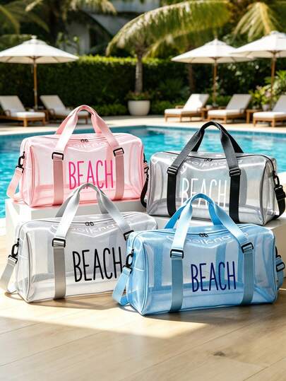Jelly Color Transparent Large Capacity Waterproof Travel Tote Bag With Mini Makeup Bag, Printed With "Beach" Text. PVC Jelly Tote Bag, Makeup Bag, Toiletry Bag, Nylon Zipper - Lightweight, Can Store Clothes, Documents, Stationery, Sunscreen, Snacks, Bikini And Beach Essentials. Spring And Summer Storage Bag, Suitable For Swimming, Sports, Fitness, Travel, Business Trip, Shopping, Beach, Diving And Summer Vacation