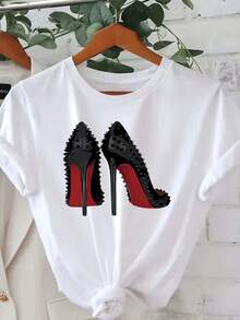 Women's Casual Sports T-Shirt In White With Star Sneaker Graphic - Elastic Crew Neck T-Shirt, Machine Washable, Comfortable Fit And Perfect For All Seasons, For Daily Wear And Casual Activities. - 白色 - 查看 1