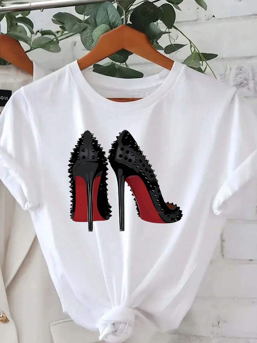 Women's Casual Sports T-Shirt In White With Star Sneaker Graphic - Elastic Crew Neck T-Shirt, Machine Washable, Comfortable Fit And Perfect For All Seasons, For Daily Wear And Casual Activities. - 白色 - 查看 1