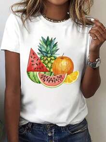 Women's Casual T-Shirt With Watercolor Pineapple Slice Print - Short Sleeve Crew Neck Summer T-Shirt With Pineapple And Citrus Slice Design, Casual Beachwear, Machine Washable - Ideal For Casual Outfits, 100% Cotton, Durable - 白色 - 查看 1
