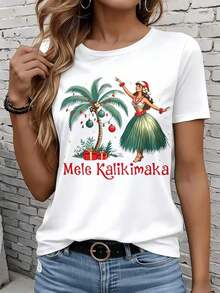 Las camisetas de manga corta para mujer en blanco y negro son adecuadas para el ocio diario, el hogar y los viajes al aire libre. Camiseta hawaiana navideña Mele Kalikimaka para mujer con diseño festivo de palmera, bailarina hula y gorro de Papá Noel, regalo de vacaciones, top blanco, regalo para fiestas. Ropa fresca de verano para mujer. - Blanco - Ver 5
