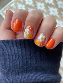 24pcs Cute Square Pressed Artificial Nails, Orange Short Style With Floral Pattern, Acrylic Material Presenting French Manicure Effect, Suitable For Coffin Nail Shape - View 1