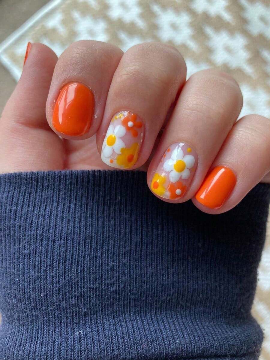 24pcs Cute Square Pressed Artificial Nails, Orange Short Style With Floral Pattern, Acrylic Material Presenting French Manicure Effect, Suitable For Coffin Nail Shape - View 1