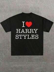 Camisetas, Ropa de Hombre, Camisetas Gráficas, Tops de Verano, Ropa Urbana Y2k para Hombre, , Tallas Grandes para Hombre, Estilos I Love Harry Fan, (1 Pieza) Camiseta 100% Casual Estamp - Negro - Ver 7