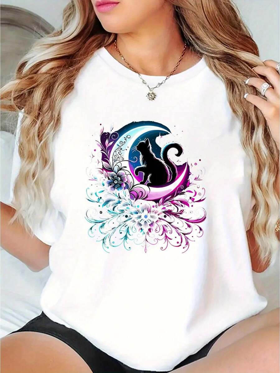 Women's Casual Chic Moon & Cat Graphic Tee - Soft Stretch Polyester, Round Neck Short Sleeve, Machine Washable Summer Top In White With Colorful Floral Design - White - View 1