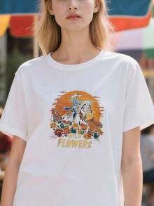 Women's Basic Cotton Crew Neck T-Shirt With A Sunset Print Featuring A Cowgirl Riding A Horse, Wildflowers, And Wild Horses. Suitable For Spring, Summer, And Autumn. - 白色 - 查看 5
