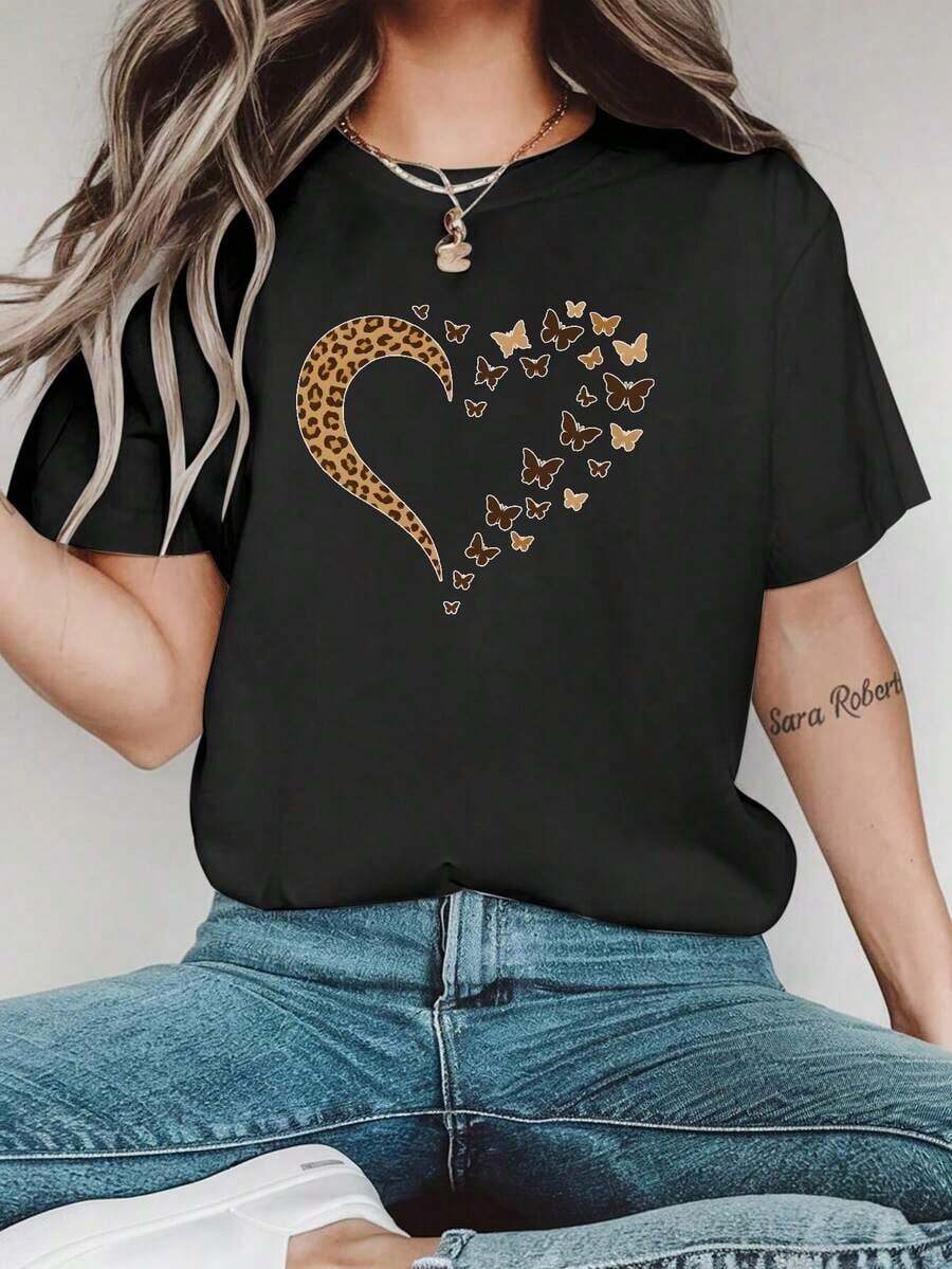 Camiseta de Mujer con Estampado de Leopardo y Gráficos de Corazón y Mariposa - Camiseta Casual Negra de Cuello Redondo y Manga Corta, Tejido de Poliéster Suave, Perfecta para Conjuntos de Primavera y Verano, Camisetas para Damasblusas para mujer>ropa - Negro - Ver 1