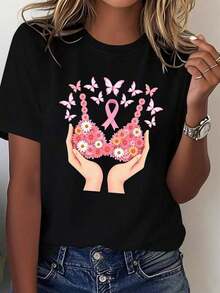 Camiseta de mujer con estampado de lazo rosa y mariposa-flor para la concientización sobre el cáncer de mama - Camiseta casual de manga corta y cuello redondo, blusa de primavera-verano para ropa de concientización sobre el cáncer.blusas para mujer>ropa - Negro - Ver 1