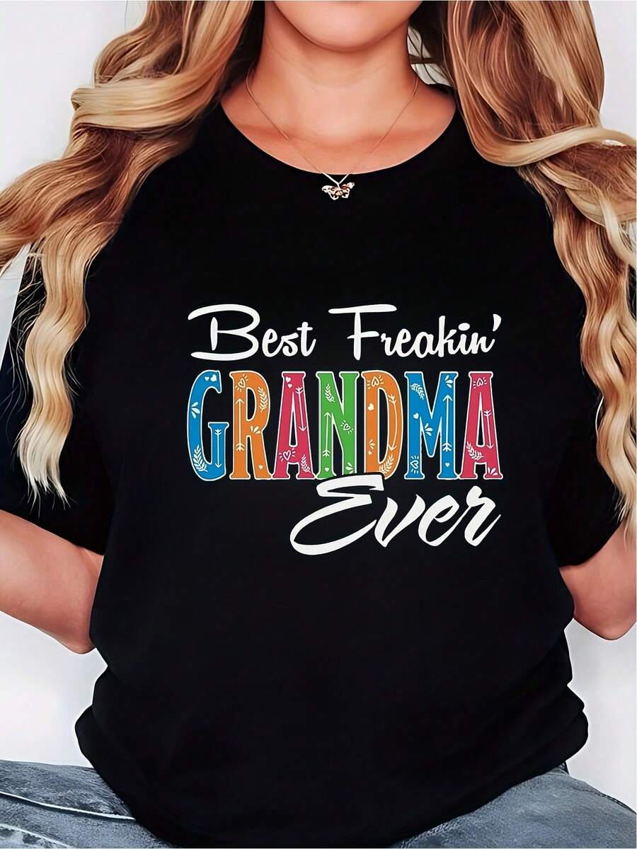 1 Funny Women's T-Shirt "The Best Grandma Ever" -- Casual Round Neck Style, Suitable As A Gift For Grandma, Machine Washable And Comfortable To Wear All Year Round, Slogan Clothing Specially Designed For Grandmas, Ideal For Daily Wear And Special Occasions, 180g 100% Cotton. - 黑色 - 查看 1