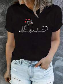 1 Piece Of Women's Casual Round Neck T-Shirt, Cat Print, 100% Cotton, Short Sleeve Top With Animal Print, Suitable For Spring And Summer, 180g 100% Cotton. - 黑色 - 查看 5