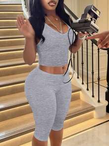 Women's Casual V-Neck Ribbed Knit Tank Top & Slim Fit Capris Solid Color 2-Piece Set Summer Outfit (Top And Pants Fabric Different, Specially Matched) - Grey - View 5
