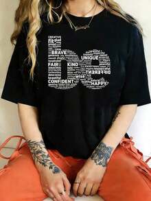 Camiseta Clásica con Estampado de Nube de Palabras Inspiradoras, 1 Pieza, Talla para Mujer, Camiseta Gráfica de Manga Corta,% Algodón, Camiseta Novedosa, Cuello Redondo, Ropa Casual de Verano - Negro - Ver 1