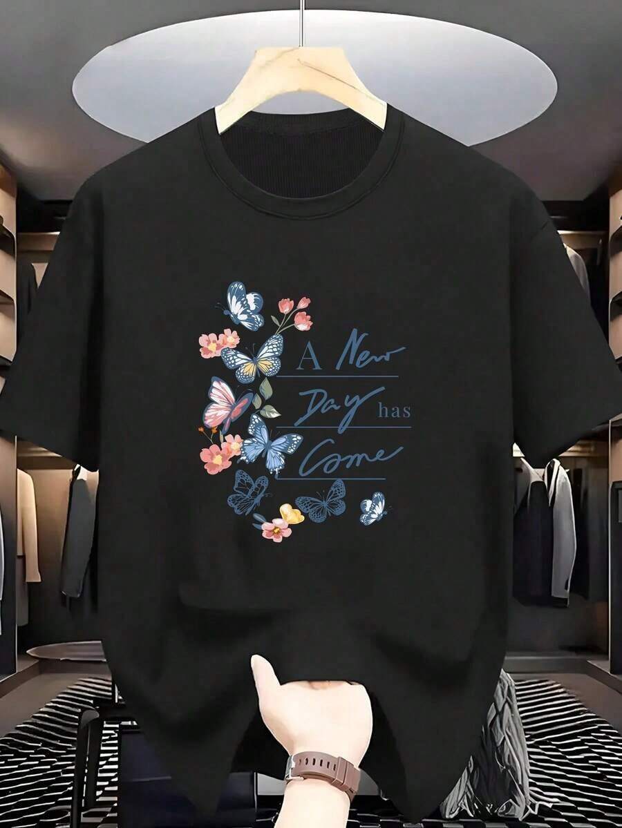 Camiseta de hombre de talla grande permeabilityPlus, 100% algodón, con estampado floral de mariposas, cuello redondo, manga corta, estilo artístico y fresco, cómoda y versátil, camiseta casual de manga corta para el verano, espaciosa. - Negro - Ver 1