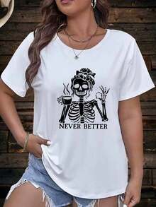 Short-Sleeved T-Shirt With A Popular Coffee-Loving Skeleton Design For Women, Perfect As A Gift. Women's T-Shirt. Blouses > Elegant. Boho Chic. Soft, Breathable, And Comfortable Women's Top, Ideal For Spring, Summer, And Fall, Perfect For Vacations, Travel, And Everyday Wear. - 白色 - 查看 7