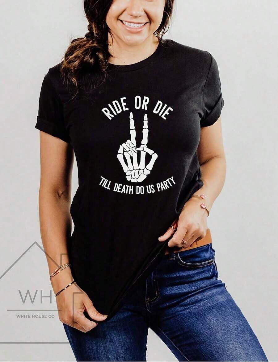 Camiseta Ride Or Die, Camiseta para Fiesta Nupcial, Fiesta de Solteras, Camisetas a Juego, Camiseta de Algodón 100% de 220 g/m². Con estampado de mariposas, adecuada para niñas y mujeres, camiseta inspiradora de manga corta y cuello redondo, top de verano de estilo estético Y2K, adecuada para actividades al aire libre, familia, trabajo o uso diario casual en la calle. - Negro - Ver 1
