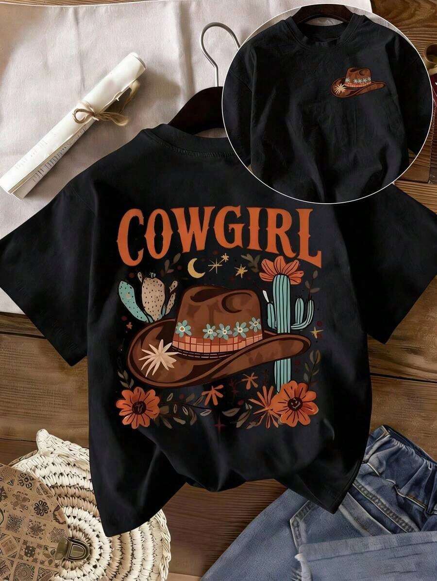 Under The RadarCamiseta de manga corta de algodón puro para mujer con estampado de sombrero de vaquero del oeste, elegante y hermosa, de alta calidad, a la moda, suave y cómoda, con diseño de estilo retro americano, adecuada para uso diario / celebraciones de fiesta / regalos navideños, top holgado y único - Camiseta unisex de algodón de manga corta con cuello redondo y estilo vintage urbano. Camiseta unisex de algodón holgada de manga corta y cuello redondo estilo vintage urbano - Negro - Ver 1