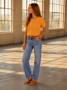 Women's Fashion Knit Cardigan, Ladies Round Neck Short Sleeve Single-Breasted Shirt, Spring/Summer/Autumn Commuting Stylish Jacket - Orange - View 4