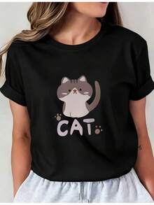 Camiseta suave para mujer con estampado de gato de dibujos animados, estampado de la letra CAT, cuello redondo de talla estándar, top casual I01, ropa cómoda para mujer, blusas elegantes para damas. - Negro - Ver 1