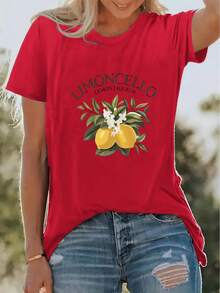 Soft New Summer T-Shirt With Lemon Print, Basic Casual Round Neck Style, Short Sleeve T-Shirt For Spring/Summer Vacation, Stretch Blend, Women's Sportswear, New Women's Clothing, Machine Washable, Elegant Blouses For Women. - 紅色 - 查看 7