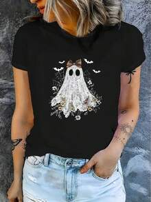 1 camiseta de manga corta casual para mujer de Halloween, 100% algodón puro - cuello redondo cómodo, top suave y lindo, 180g de algodón 100%. - Blanco - Ver 8