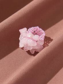 1pc Bohemian Casual Vacation Style Beaded Woven Elastic Wide Ring, Natural Stone, Slight Variation In Stone Color And Size - Pink - View 6