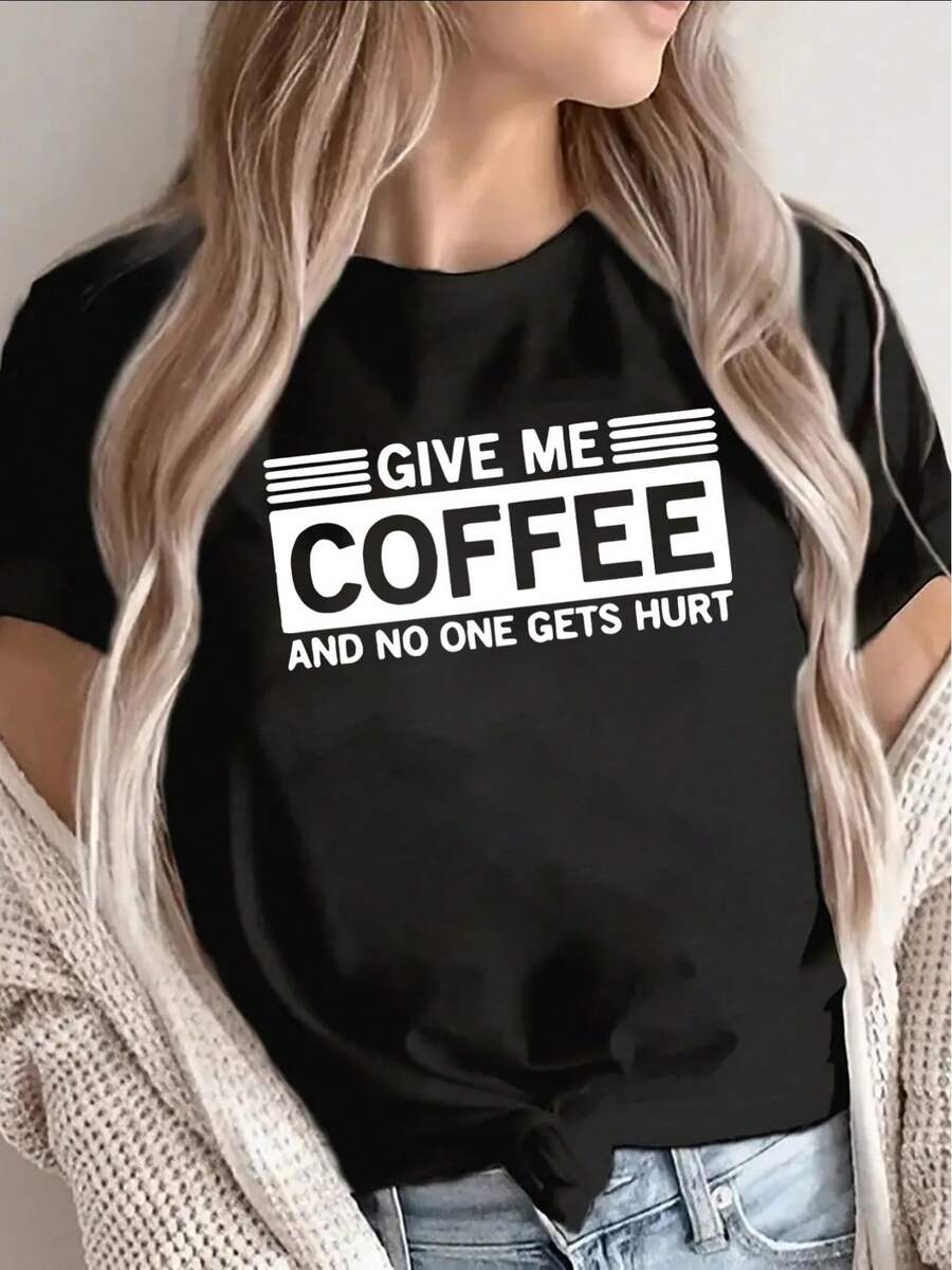 FashionNEW Short-Sleeved T-Shirt With "Give Me Coffee And No One Will Get Hurt" Print, Casual Wear For Home, Coffee Shop Or Office, Lightweight And Durable Design, Perfect For Everyday Comfort And A Fun And Eye-Catching Look - Unisex Loose Cotton Short-Sleeved Crew Neck T-Shirt, Urban Vintage Style. - 黑色 - 查看 1