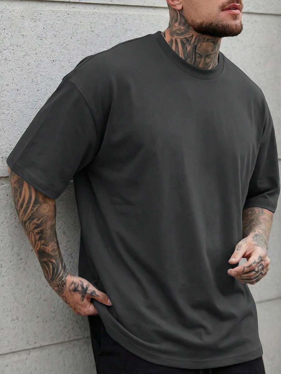 SUPEKYKO 大尺碼男士運動T恤,寬鬆版型健身訓練短袖上衣,四季皆宜,適合運動、居家、日常穿著,夏季款 - 深灰色 - 查看 1