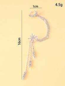 1 pieza Pendiente de oreja con colgante de borla en forma de estrella de 8 puntas estilo retro, pendiente con un solo brillante de diamante de imitación - Plateado - Ver 2