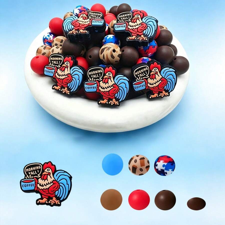 1 Set 42pcs 3D Chick Shaped Silicone Beads 15mm With Colorful Patchwork Geometric Pattern Silicone Beads + Printed Round Beads + Flat Beads Suitable For Bracelets, Lanyards, Decorative Pens, Holiday Decorations, Valentine's Day, Birthday Gifts - Chick Silicone Bead Set - View 1