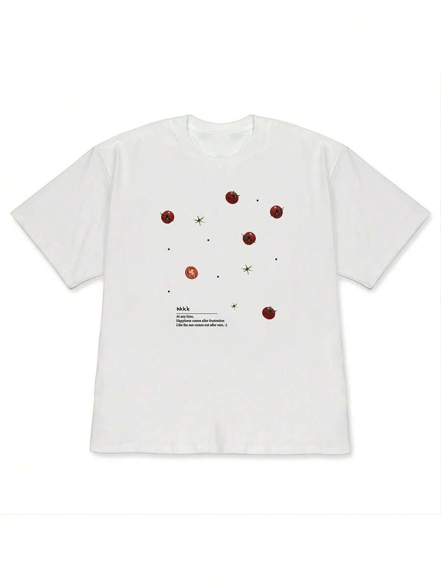 A Unique And Unusual Women's Casual, Off-The-Shoulder Short-Sleeve T-Shirt. Featuring Scattered Tomato Prints, This Plus-Size Couple's Short-Sleeve T-Shirt Embodies A Relaxed Summer Style. - 白色 - 查看 1