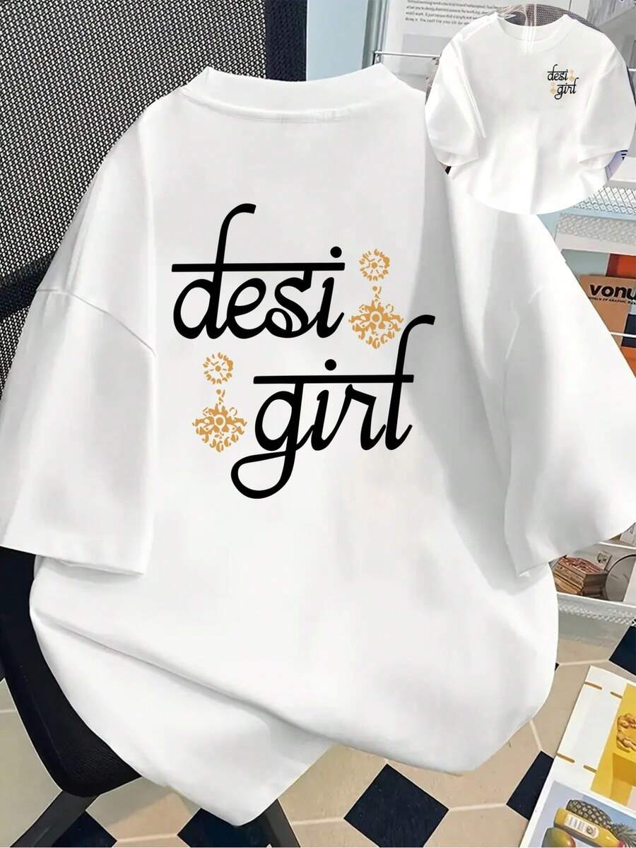 New Short-Sleeved T-Shirt, 180g Weight, % Cotton, With Front And Back Print - Desi Girl, Girl - Fashionable Printed T-Shirt For Women, Short-Sleeved, Suitable For All Seasons, Modern Clothing - Can Be Worn As A Base Layer In Spring And Autumn Or Alone In Summer, Unisex. - 白色 - 查看 1