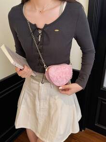 Bolso con forma de corazón de flor de encaje 3D, bolso de hombro y bandolera multifuncional dulce y único con cadena - Rosa - Ver 12