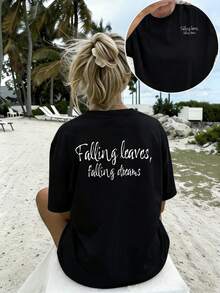 Women's Artistic Style Short-Sleeve T-Shirt, 100% Cotton, Loose Fit, With Hand-Lettered Slogan Print "Falling Leaves" Autumn, Breathable Casual Top, Summer Casual Art Clothing With Letter Prints,  Short-Sleeve T-Shirt For Adult Women For Summer Beach, Made Of Breathable Fabric, Suitable For Back To School Season, Outdoor Use, Ideal Gift. - 黑色 - 查看 8