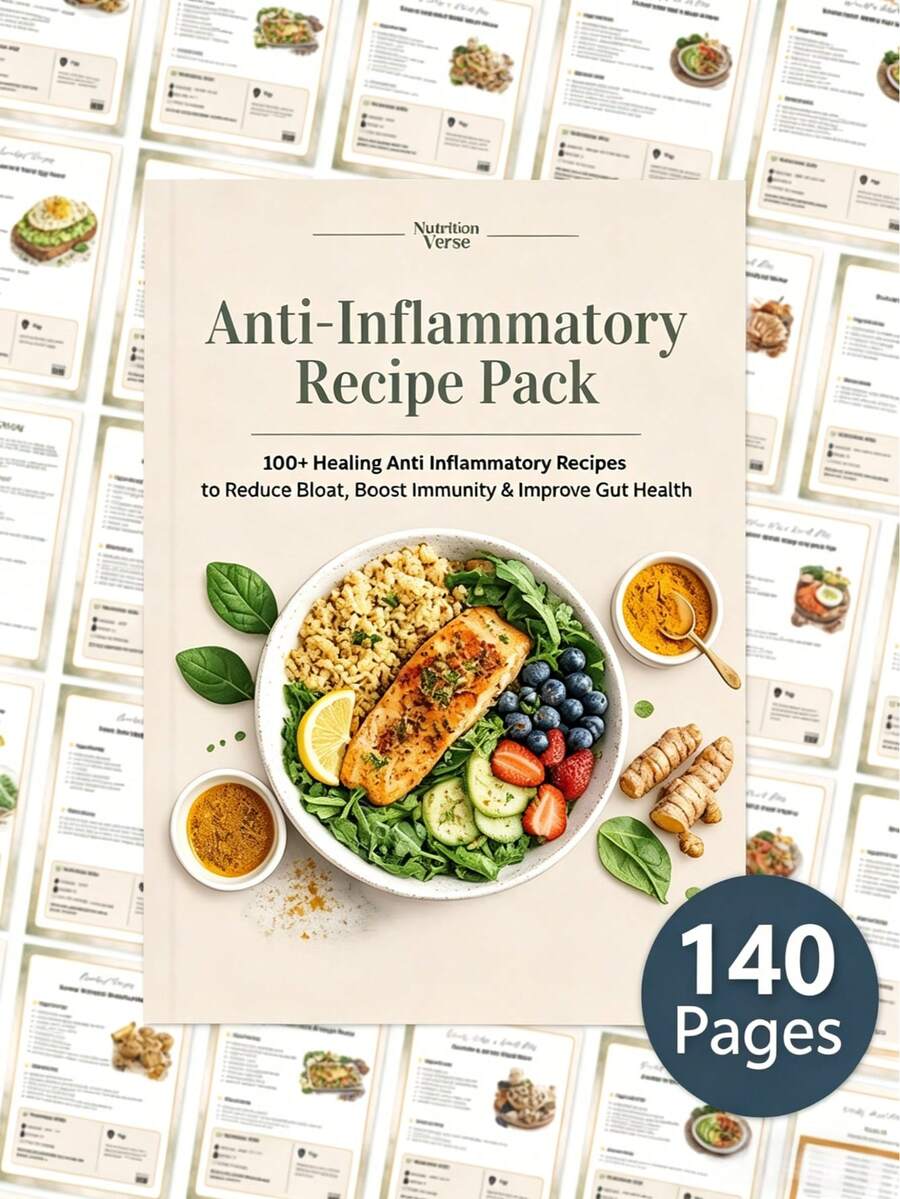 1pcs Anti-Inflammatory Recipe Pack & Gut Health Nutrition Guide, 100+ Healing Recipes To Reduce Inflammation, Alleviate Bloating & Boost Immunity, 140-Page Complete Meal Plan With Step-By-Step Cooking Instructions, Nutritional Information & Weekly Shopping Lists, Features A Wide Range Of Anti-Inflammatory Dishes Including Breakfast, Lunch, Dinner, Snacks And Drinks, Focuses On Ingredients Known To Support Gut Health, Reduce Chronic Inflammation & Strengthen The Immune System, Includes Tips For Meal Prep, Ingredient Swaps And Lifestyle Changes To Enhance Results, A Practical Guide For Anyone Looking To Improve Their Health Through A Nutrient-Dense, Anti-Inflammatory Diet - 1 cái - Xem 1
