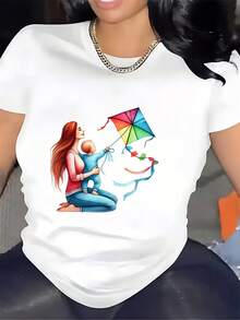 Camiseta de mujer, diseño de cometa "Amor Materno", 180G, suave - Un regalo para salidas familiares en el Día de la Madre y vacaciones de verano. - Blanco - Ver 1