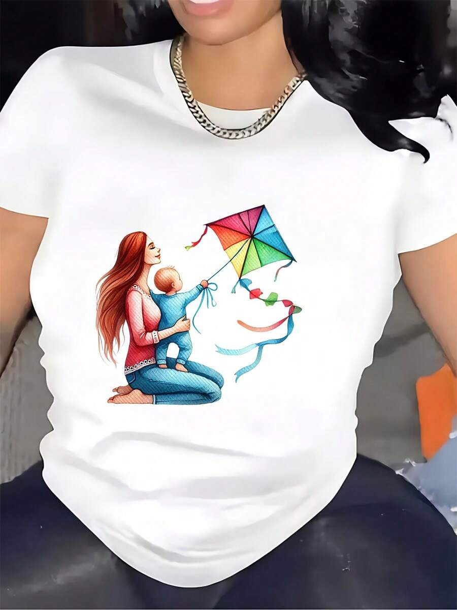 Camiseta de mujer, diseño de cometa "Amor Materno", 180G, suave - Un regalo para salidas familiares en el Día de la Madre y vacaciones de verano. - Blanco - Ver 1